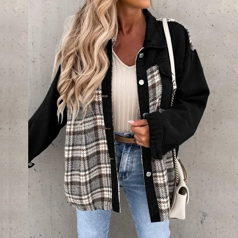 2024 Fashion Women's Denim Jacket Long Sleeve Plaid Button Down Shirts Shacket Jacket Women Oversized Jean Jacket Denim