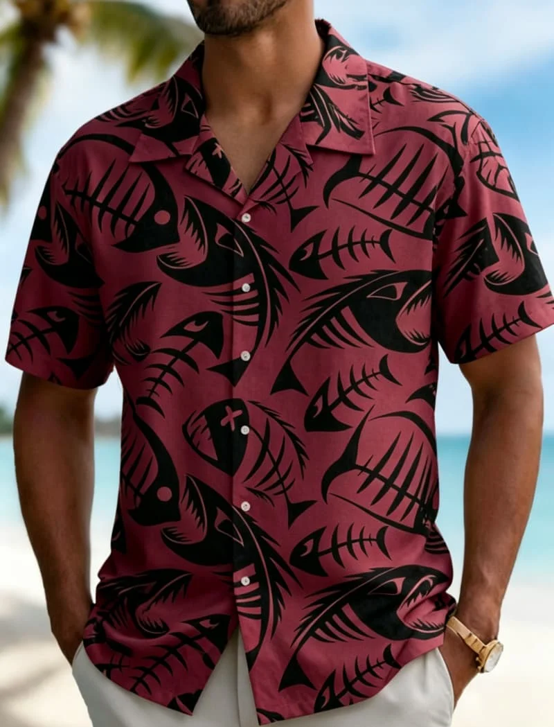 Men's Polynesian Tribal Fish Bone Print Shirt, Ocean Tribal Style for Summer Holiday, Beach Trips, Daily Outings & Casual Wear
