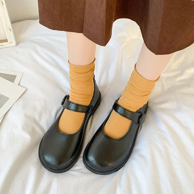 Ladies' Black Mary Jane Japanese Style Small Leather Shoes Students 2024 Autumn New Retro Flat Bottomed Round Toe Uniform Shoes