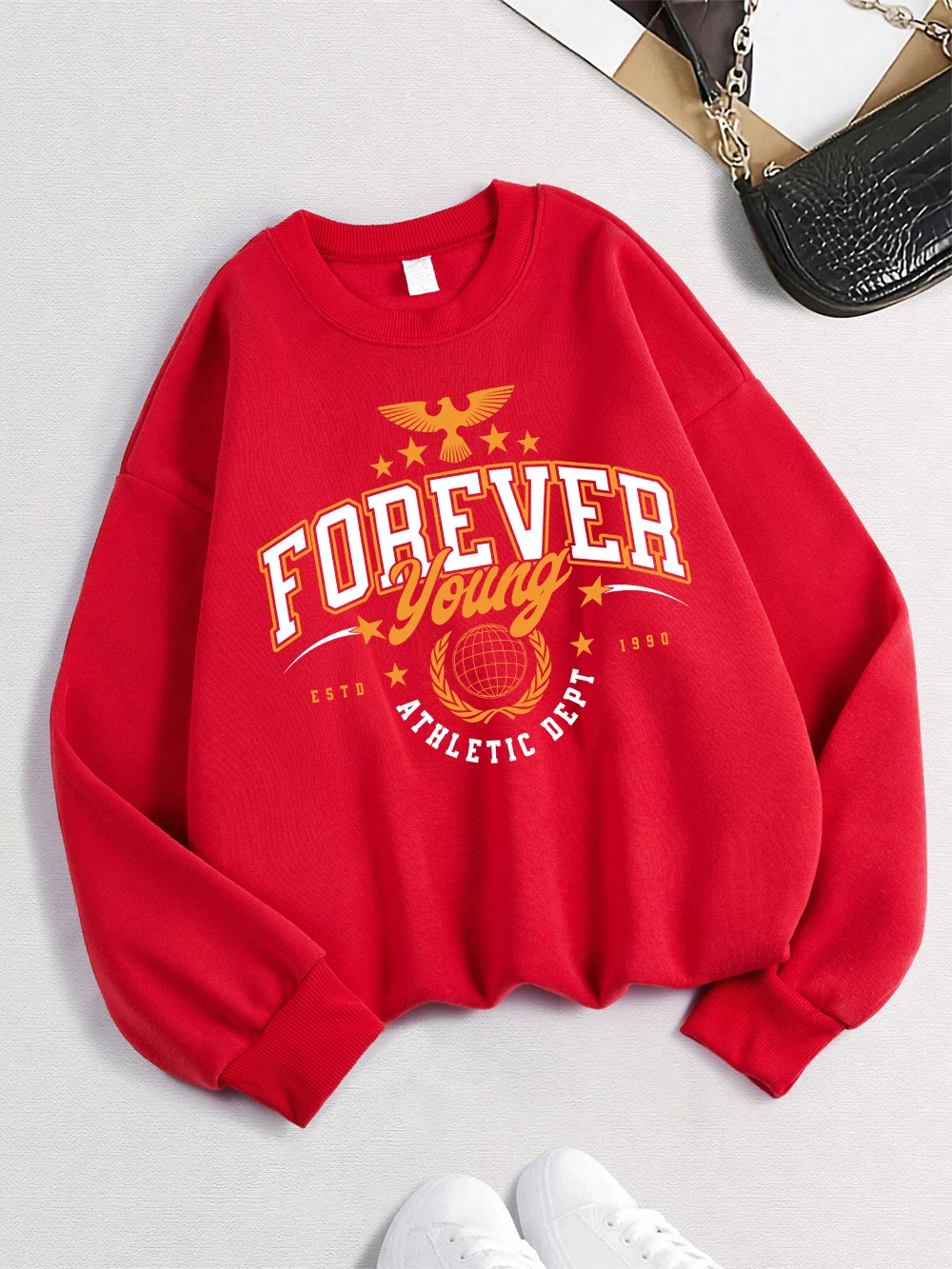 Forever Young Athletic Dept Prints Sweatshirt Damen Rundhalsausschnitt Lässiger Kapuzenpullover Lose Fleece Warme Tops Winter Bequeme Kleidung