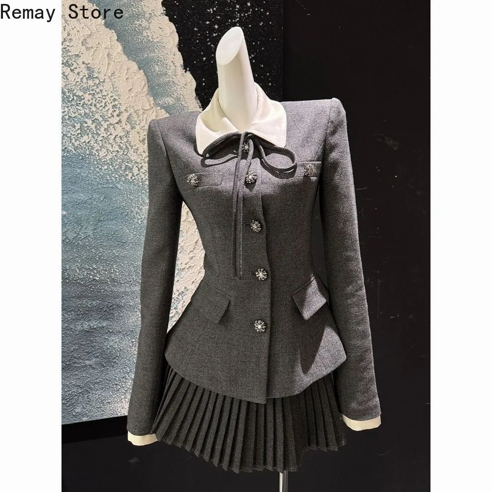 American Vintage Korean Fashion Y2k Women 2 Piece Set Gary Suit Coat + Mini Skirt Harajuku Gothic Lolita Design Slim Fit Outfits image 4