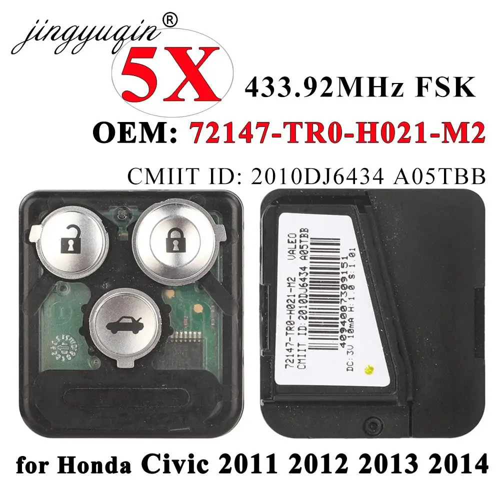 

jingyuqin 5pcs Original Remote Circuit Board Fob for Honda Civic 2011-2014 FSK 433.92MHz ID46 Car Key 72147-TR0-H021-M2 Valeo