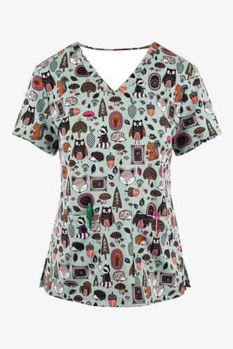 Imagen 2 del producto Uniforme de enfermera para mujer, monos de manga corta con cuello en V, estampado de dibujos animados, monos de flores hermosas, cuidado médico informal para mujer