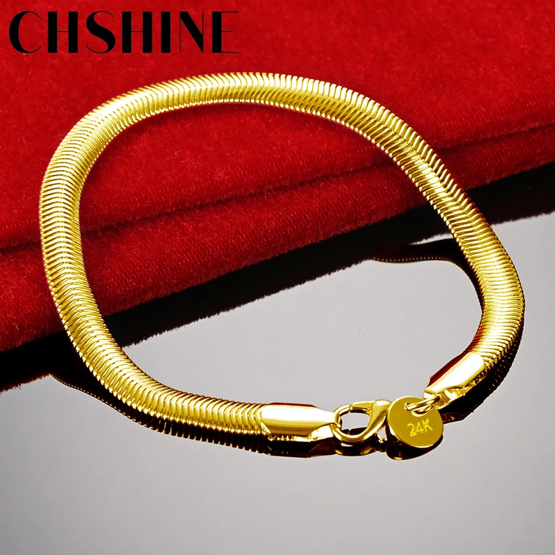 

CHSHINE 18K Gold 6mm Flat Snake Chain Bracelet For Women Wedding Engagement Party Fashion Charm Jewelry