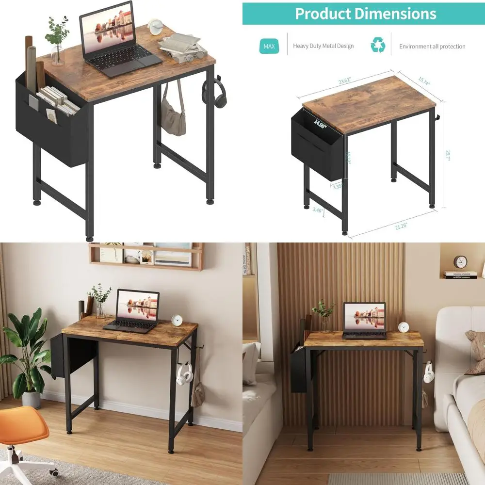 

24 Inch Compact Desk for Kids, Girls Study Area, Storage and Hooks, Rustic Brown