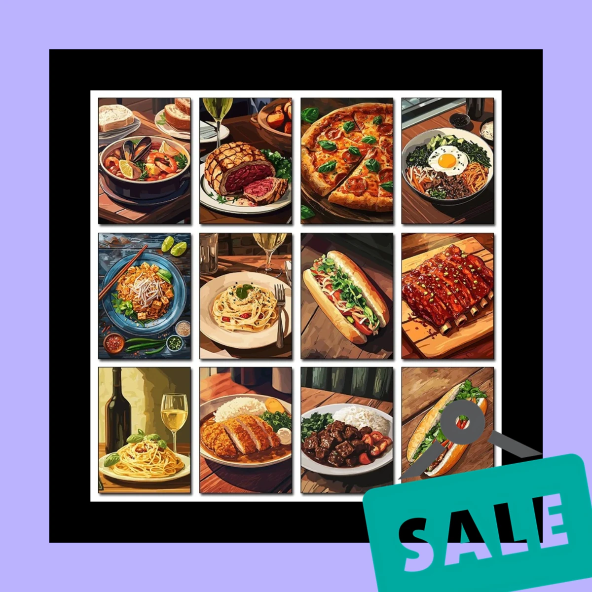 Póster de comida con diseño de sushi, pasta, croissant, postre, espaguetis con vino, pizza, pintura en lienzo e impresión para decoración de sala de estar y cocina