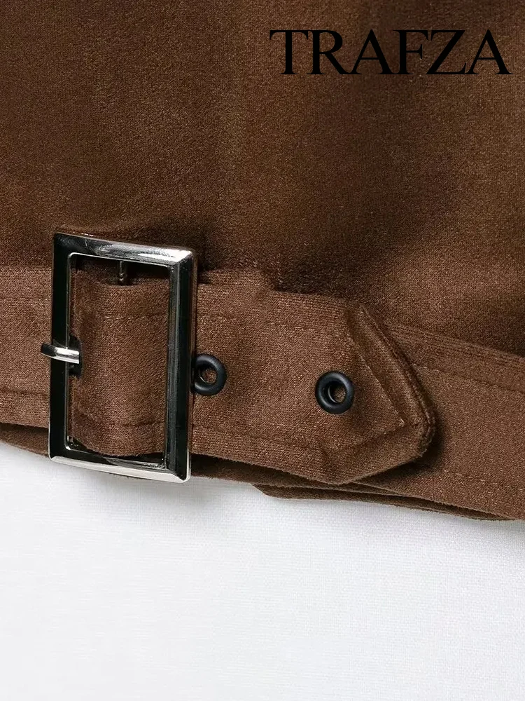 

TRAFZA 2025 Autumn Woman Casual High Street Jacket Elegant Women High Collar Long Sleeves Button Pockets Decoration Coats