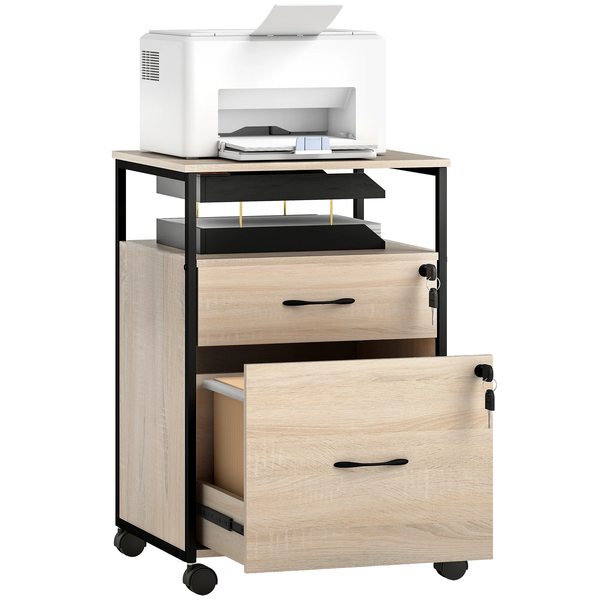 Vinsetto Cajonera de Oficina, meuble de rangement de bureau avec 2 tiroirs et roulettes pour format Carte A4 44x40x66,5 cm, couleur bois