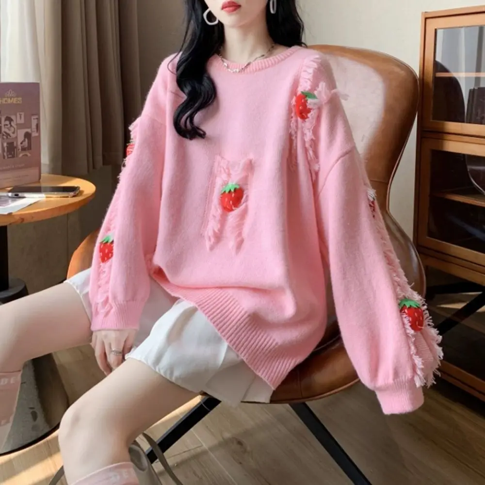Sweet New Round Neck Strawberry Sweater for Women Loose Fit Lazy Style Cute and Versatile Medium to Long Knitted Sweater Top