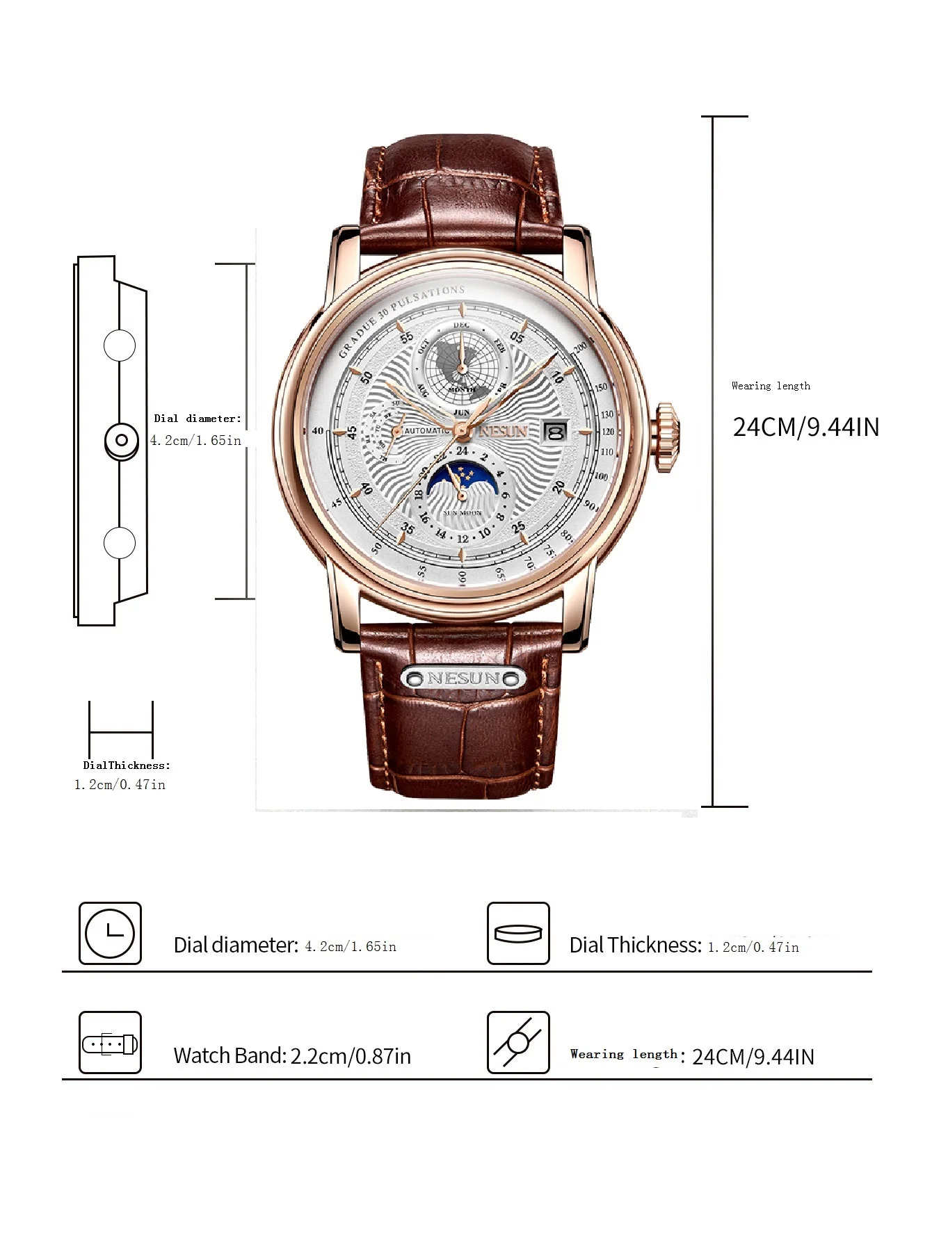 NESUN automatic mechanical watch for men, multi-functional mechanical watch, skeleton men's watch, gentleman's wristwatch