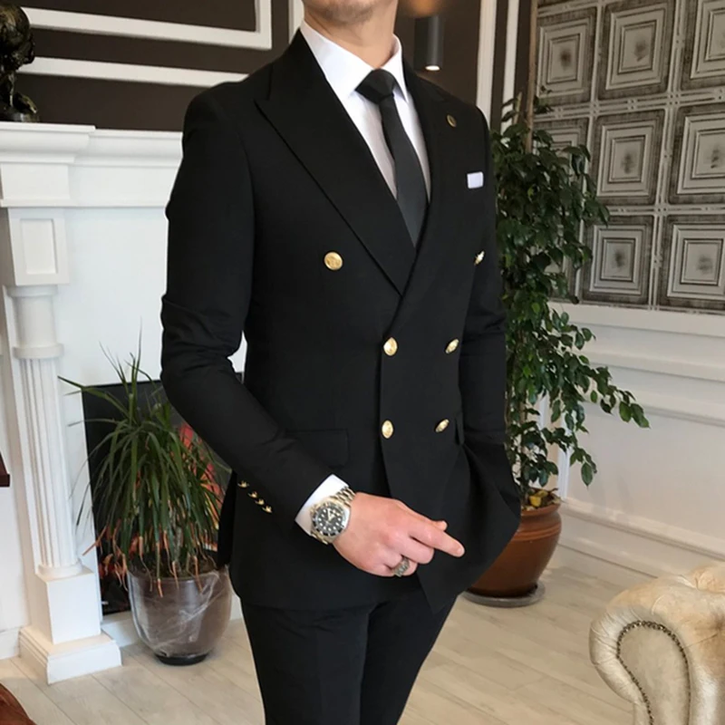 Double Breasted Men Suits with Peaked Lapel Slim Fit 2 Piece Groomsmen Wedding Tuxedo Male Fashion Prom Costume Jacket Pants Set