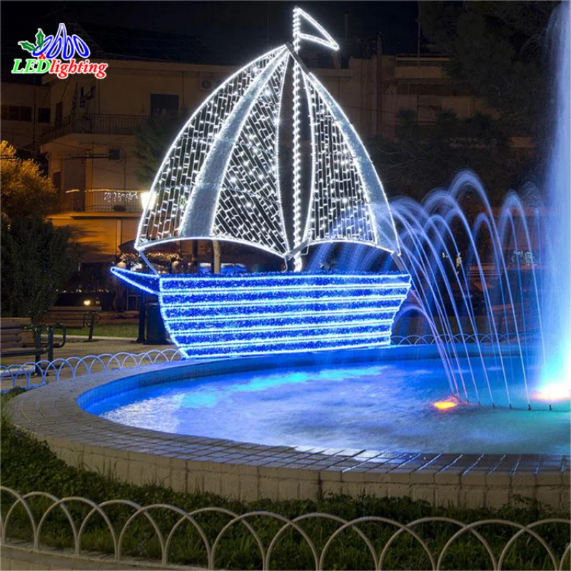 Custom. Outdoor 3D large LED wireframe boat for commercial grade winter wonders holiday light displays