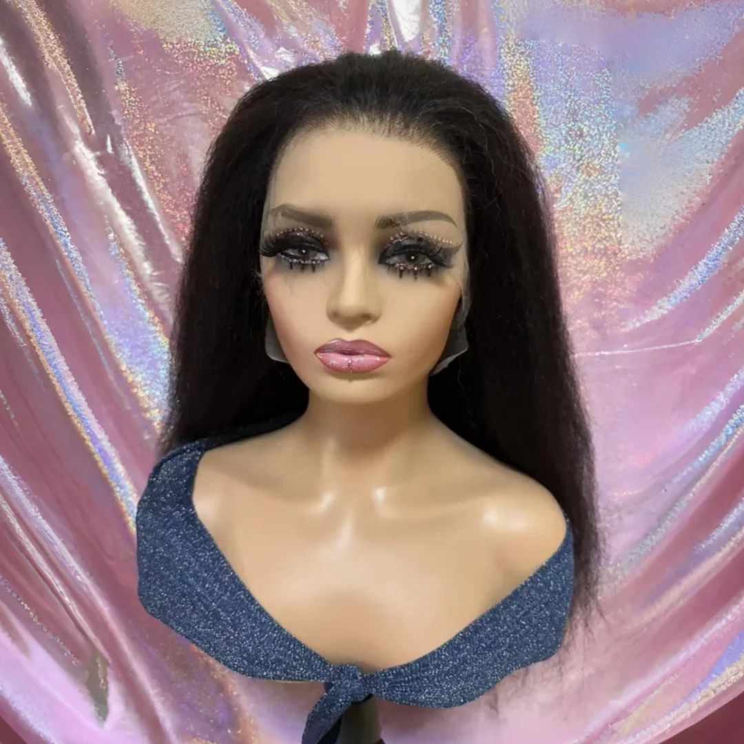 Black 28Inch Long Glueless Kinky Straight Yaki Soft Lace Front Wig For Women With Baby Hair Preplucked Daily