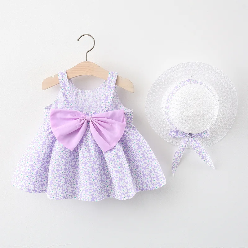 2Pcs Summer Dresses+Sunhat Newborn Clothing Set Baby Girls Beach Princess Dress Cute Bow Flowers Sleeveless Cotton Toddler