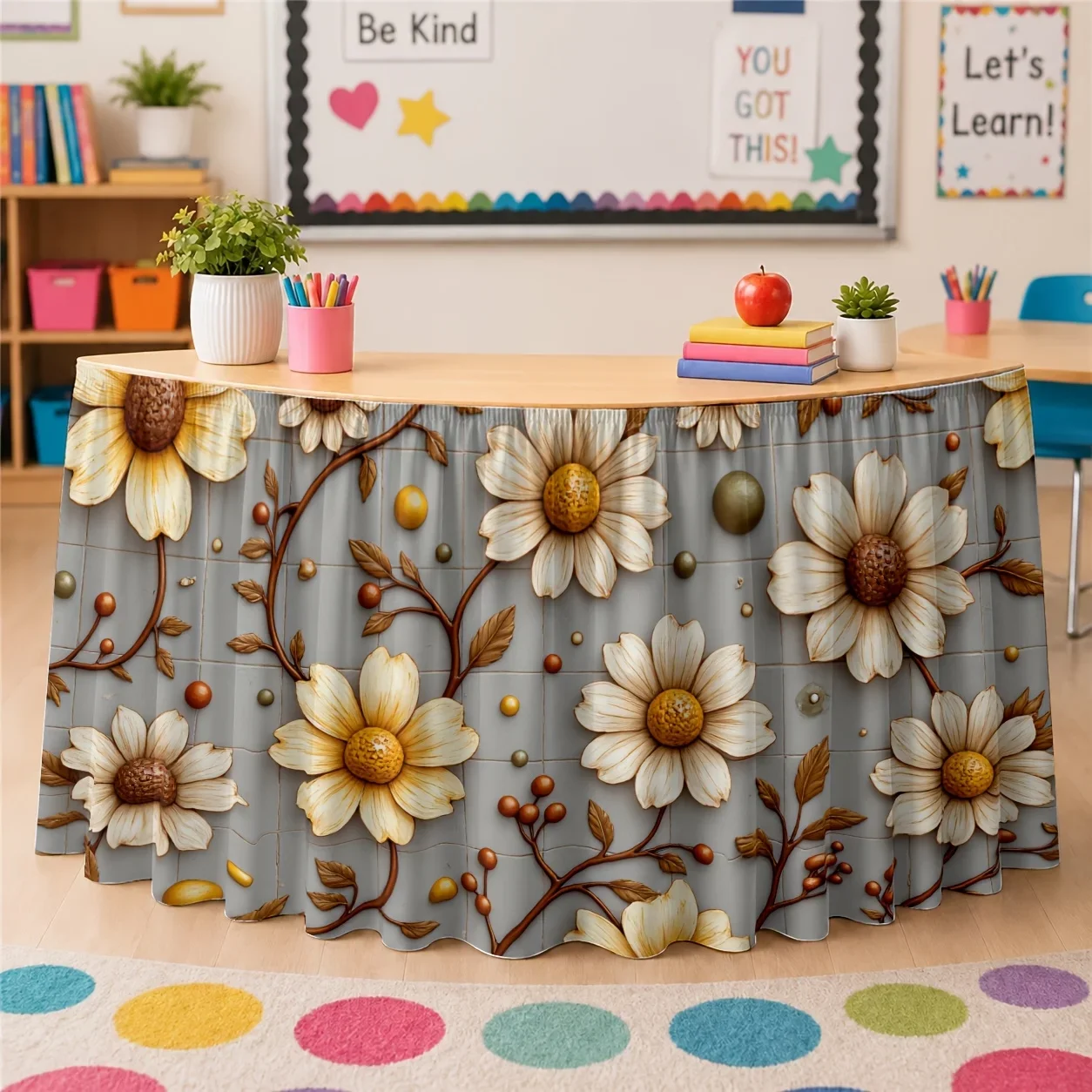 One table skirt, a floral daisy-patterned polyester table skirt with a retro country and elegant plant design