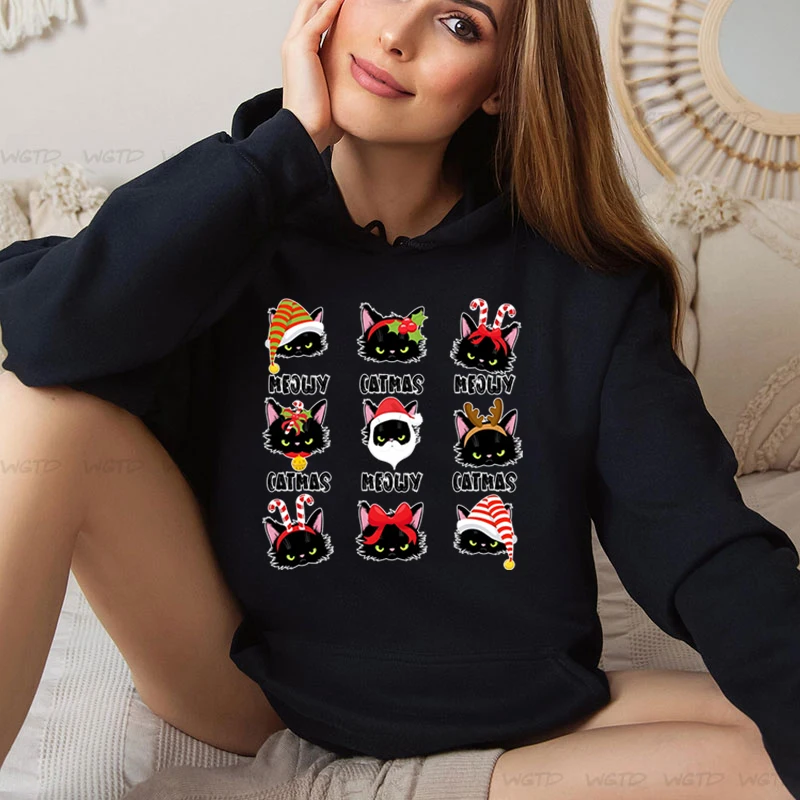 Merry Christmas Hoodie Women Casual Cartoon Meowy Catmas Cat Graphic Clothes 2025 New Year Vacation Xmas Gifts Sweatshirts Hoody