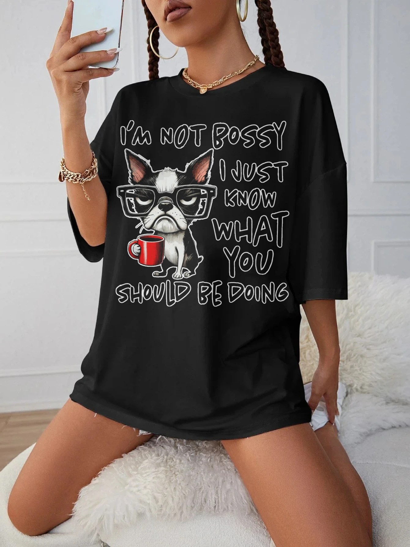 

I'm not bossy Trendy Black Maternity T-Shirt Loose Fit Round Neck Perfect for Late Pregnancy in Winter