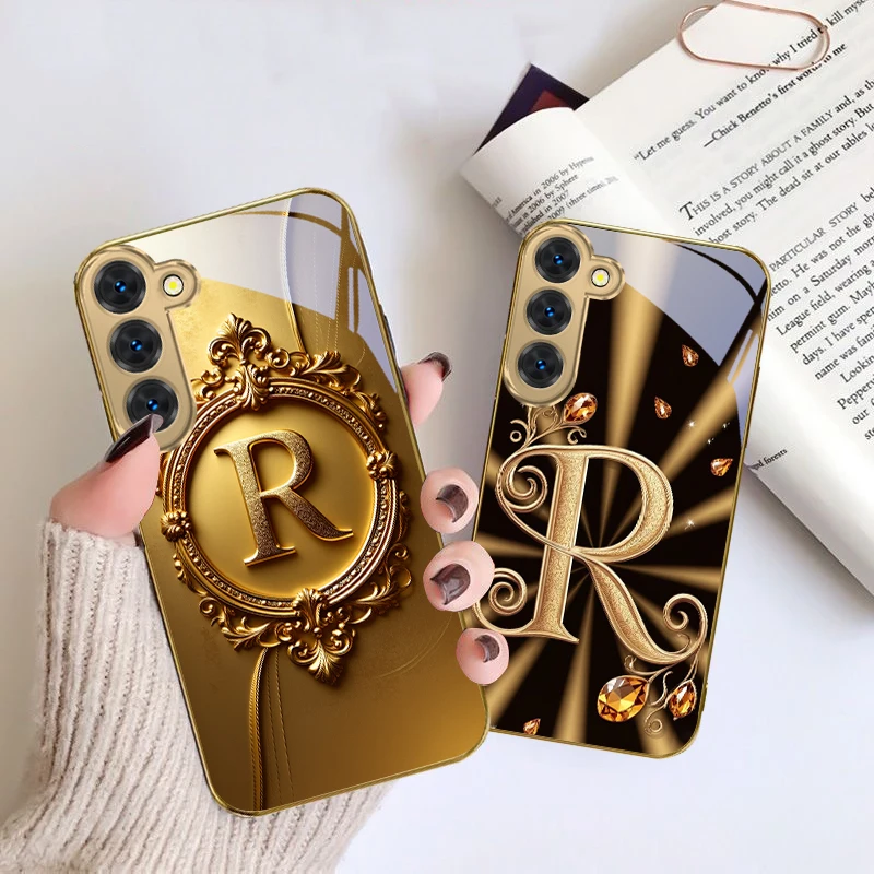 Gorgeous letter gold "R" For Samsung Galaxy S26 S20 FE S21 S22 S23 Plus S24 Ultra S25Ultra S21+  S22Plus Golden glass phone case