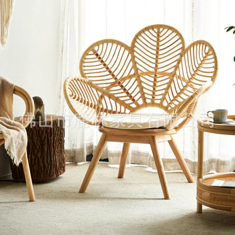 Real rattan woven chair leisure dining chair simple petals Indonesian rattan Nordic desk and chair back armchair photo chair