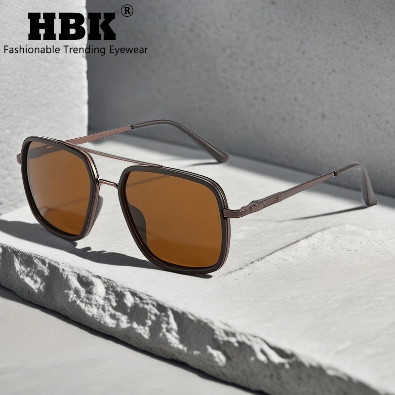 

HBK Polarized Men Sunglasses Flat Top Double Bridges Square Metal Frame Gift Box Women Eyeglasses Driving Fishing Gifts