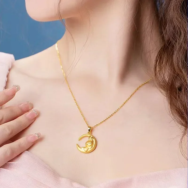 24K Yellow Gold Moon Rabbit Star Rabbit Necklace, 9999 Real Gold White Rabbit Pendant Temperament Light Luxury Elegant Necklace