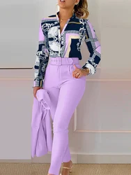 2-piece Set Fashion Printed Women Long Sleeve Shirt Top With Belt Solid Pants 2024 Spring Autumn New Women's Clothing