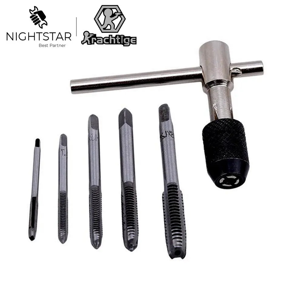 

6Pcs T-type hine Thread Tap Drill Machine Screw Thread Metric Plug Tap Drill Set Hand Tools M3 M4 M5 M6 M8 + Wrench