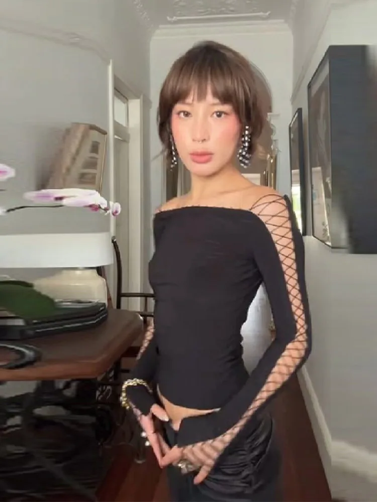 مثير سيدة سليم المناسب الأسود الأعلى الدانتيل يصل عارية الذراعين ساحة طوق كم طويل كل مطابقة قاعدة طبقة أزياء المرأة الجديدة اليومية صالح