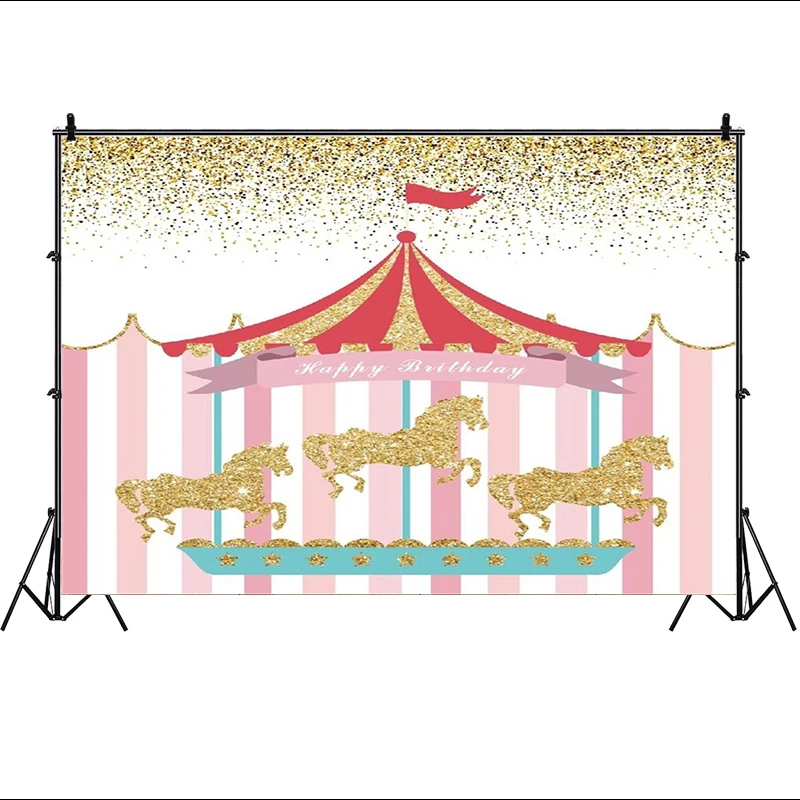 Carousel Theme Party Backdrop Happy Birthday Girls Boys Vintage Circus Decorations Pink Blue Carousel Horse Background Banner