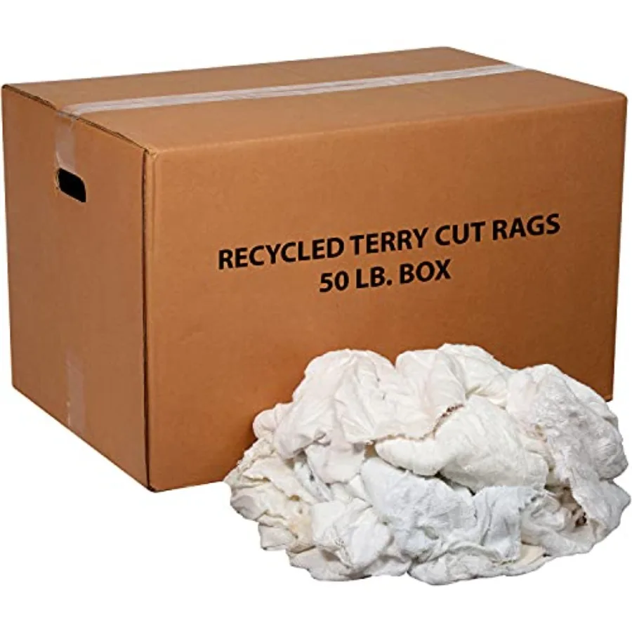 

Global Industrial 50 Lb. Box Premium Recycled Cotton Terry Cut Rags White General Purpose Woven Wipers for Polishing Dusting an