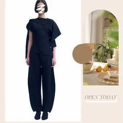 Miyake Fold Women 2-piece Solid Color Patchwork Retro Top with Elastic Waist and Loose Folding Pants 2025 Spring New Female Set