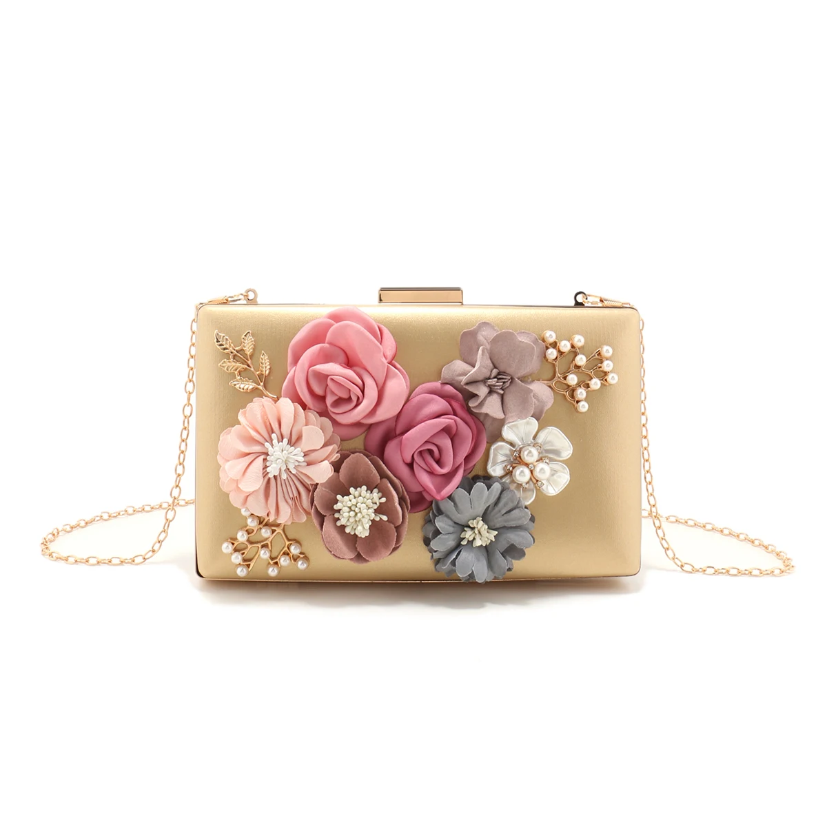 Fashion Women Flower Cute Evening Bags Flap Design Pearl Chain Shoulder Handbags White Color Ladies Wedding Dinner Prom Banquet