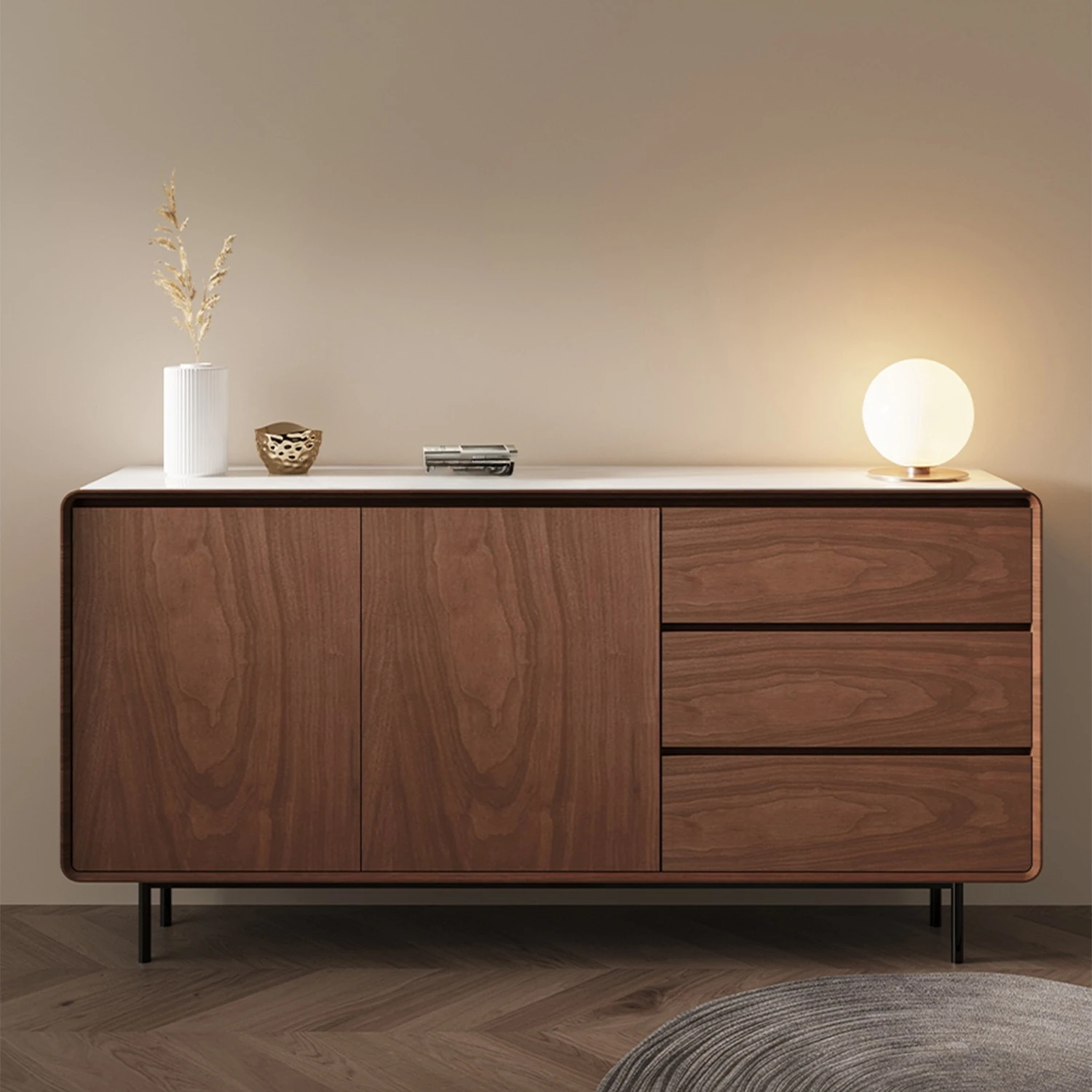 Cassettiera credenza in mogano, piano in marmo dal design moderno in legno