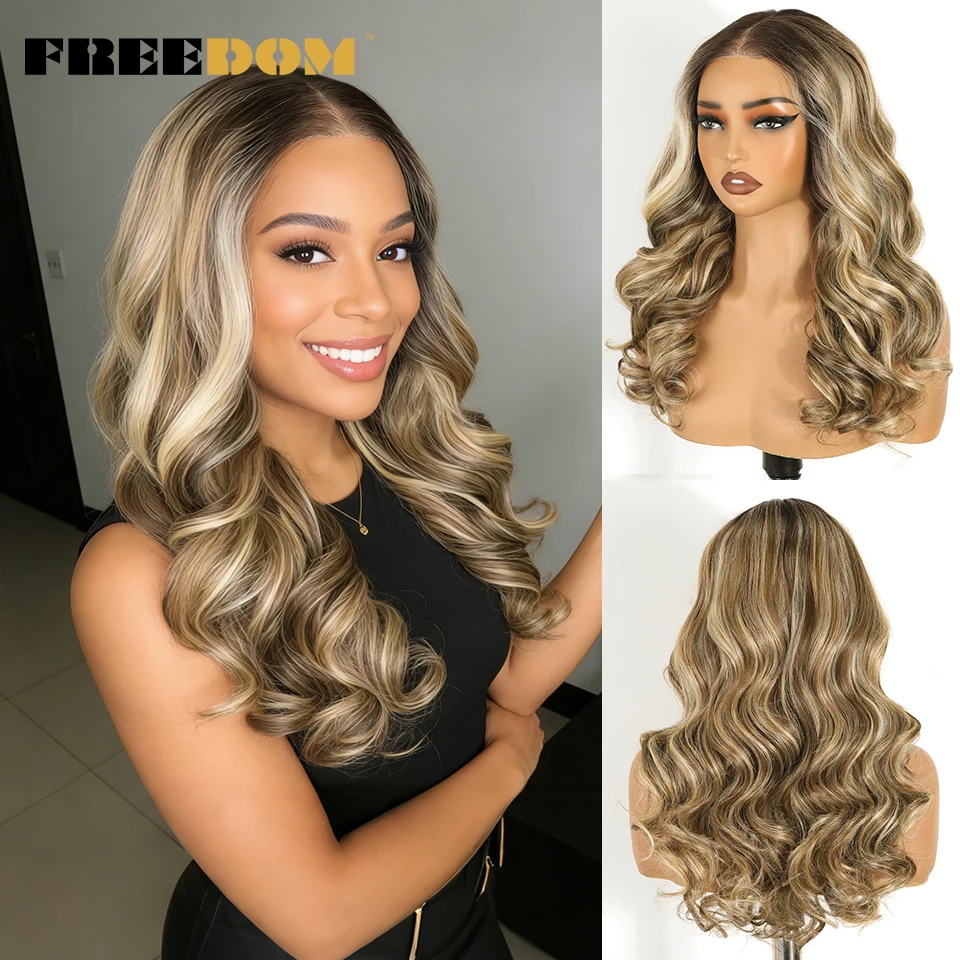 FREEDOM Body Wave, synthetische Perücken mit Spitze vorne für Damen, 9x6, vorgezupfte Spitze, 20 Zoll, vorgefertigte Ombre-Perücke in Braun-Blond, Cosplay-Perücken. – Detail 12