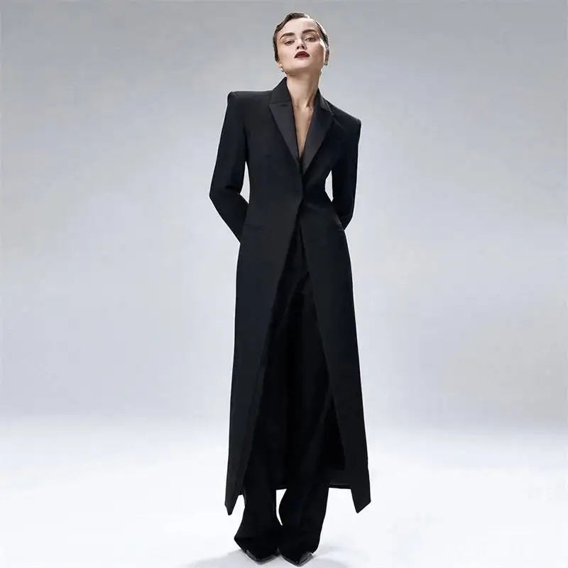 Women Long Overcoat Jacket Sets Ladies Blazer Slim Fit V Neck Long Sleeve Winter Thick Coat 2 Pieces