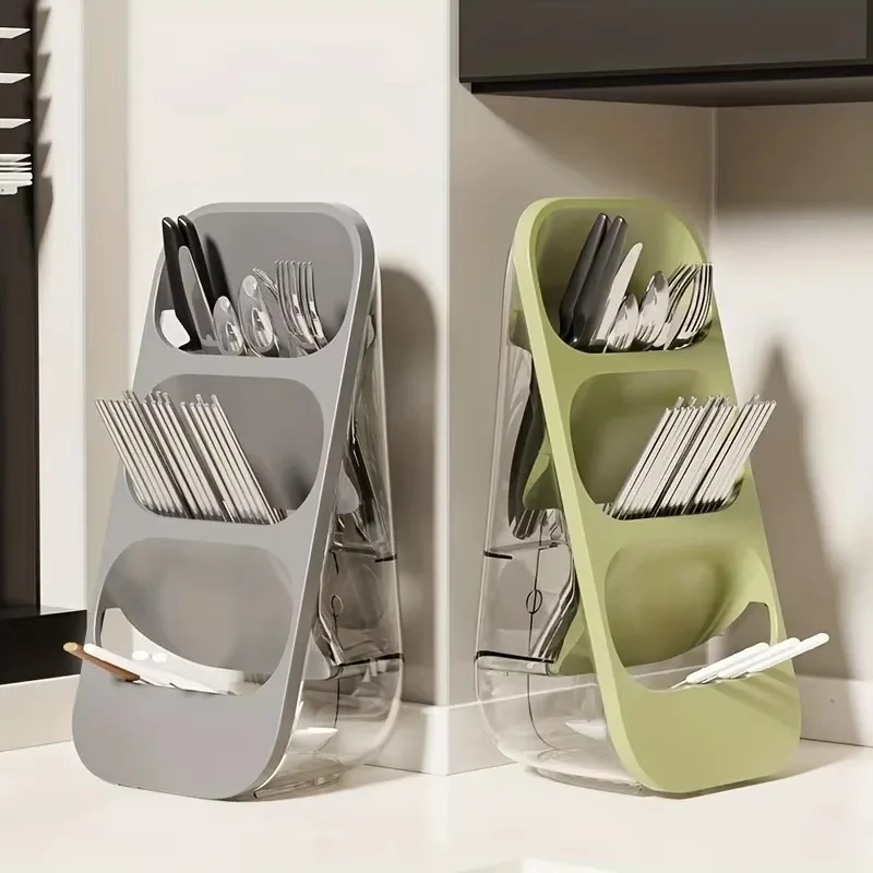 

Household Multi-layer Chopstick and Spoon Storage Rack Kitchen Dust-proof Rack Three-compartment Cosmetic and Tool Storage Box