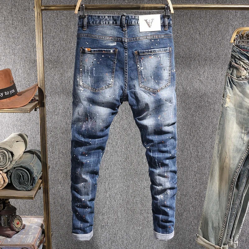 High Street Trendy and Fashionable New Blue Men's Jeans Washed, Nostalgic Painted Hip Hop Brand High Quality Elastic Slim Fit Je