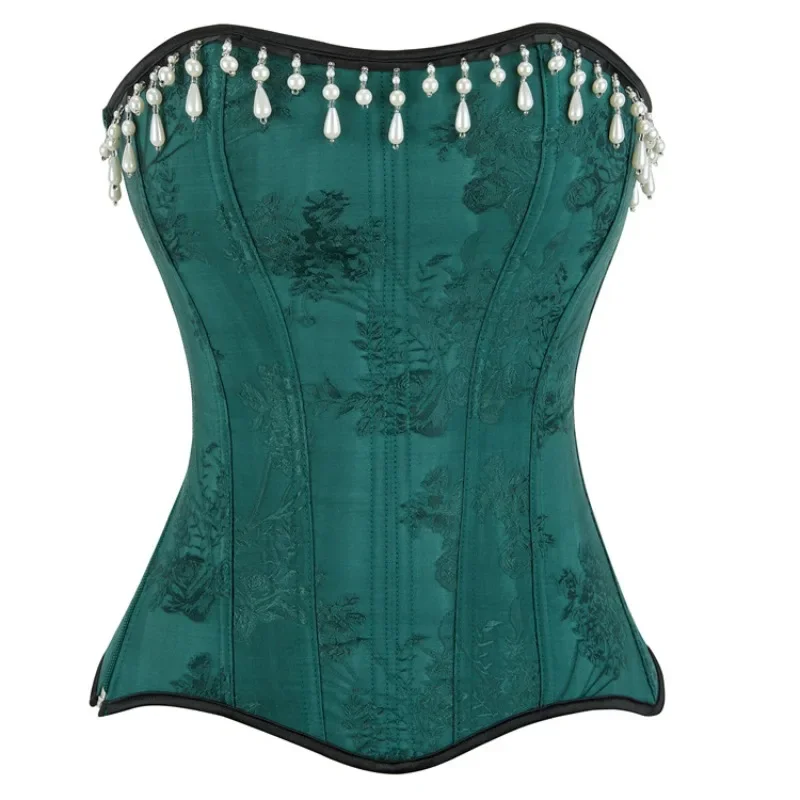 

Vintage Green Corset Top Sexy Women's Lace-up Bustier Overbust Corselet Shaper with Jacquard Pattern & Beaded Tassel