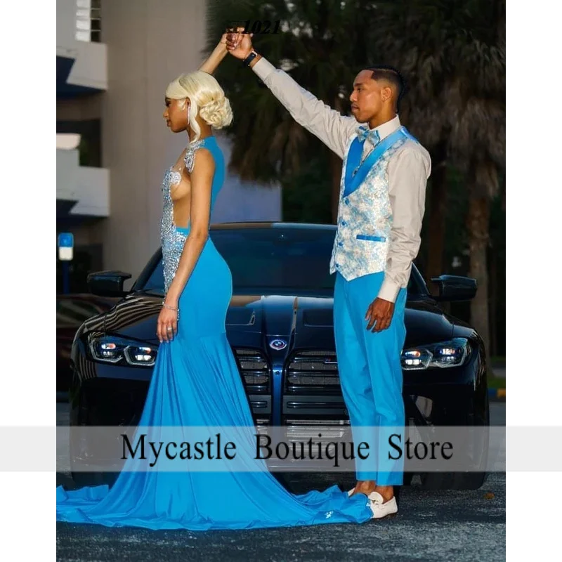 فستان حورية البحر الأزرق اللامع الجديد للحفلات الراقصة 2026 للفتيات السود فضي دايموند حجر الراين مطرز رداء حفلات Vestidos De Gala P