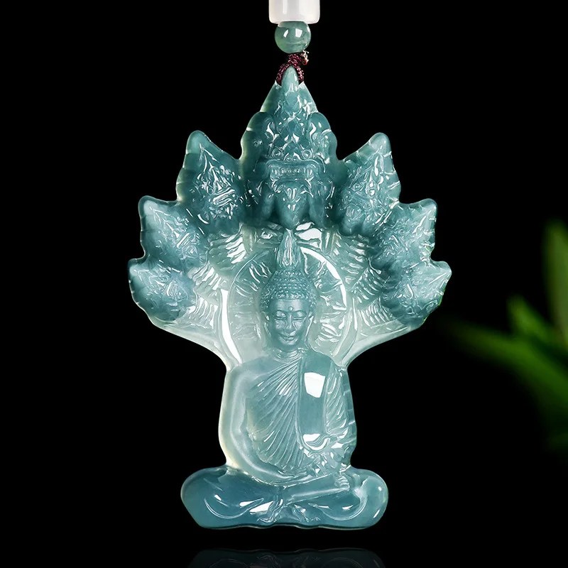 

Old Material Natural Jadeite A-grade Blue Water Naga Protecting Buddha Nuo Ice Seed Jade Pendant Men's Charms Women's Jewelry