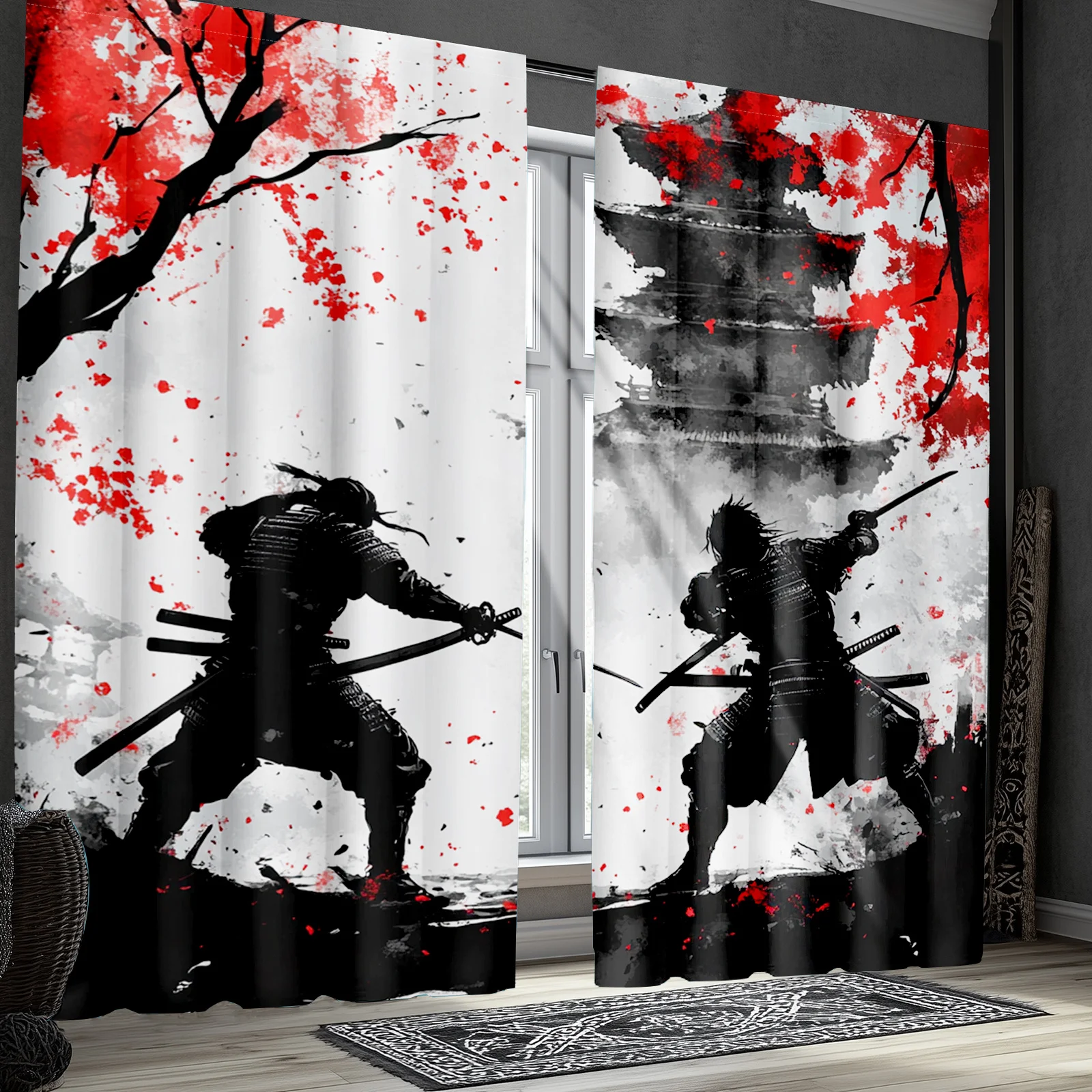 Oriental Warrior Curtain 2 Panels, Ink Wash Samurai Cherry Pagoda Print, Curtains for Tea Room Vintage Asian Decor Curtain