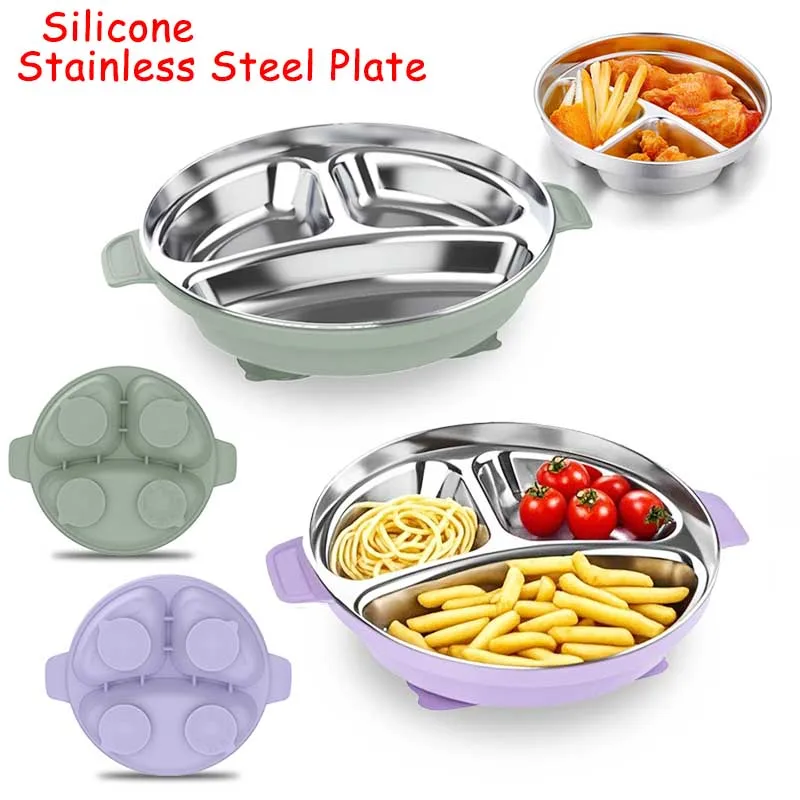 Baby Feeding Plate Stainless Steel 3-Compartment Dinner Plate Silicone Suction Cup 2-in-1 Dining Plate Snack Bowl With Handle
