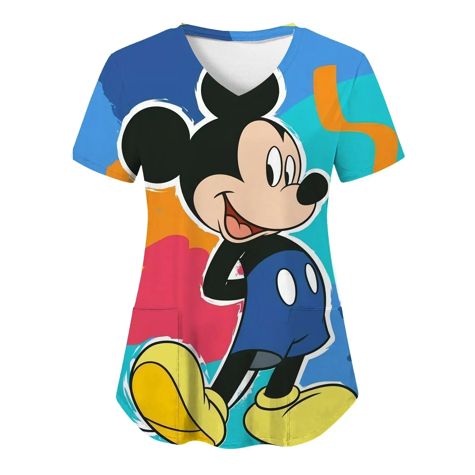 

Minnie Mouse T-shirts Summer Nurse Uniform V Neck T-shirt Mickey Top Women 2024 Pocket Woman Clothes Hospital Tops Disney Tees