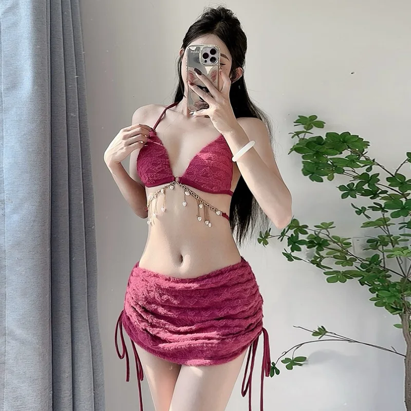 

2025 New 3 Piece Swim Dress Set Burgundy Flocked Fabric Bikini with Chain Detail Sexy Skin-Flattering Swimsuit for Hot Spring