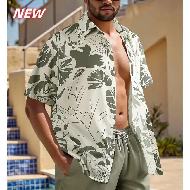 

Гавайская рубашка с цветочным узором и листьями, мужская блузка с короткими рукавами и 3D принтом растений, повседневная пляжная одежда для отпуска, свободные рубашки Aloha на пуговицах