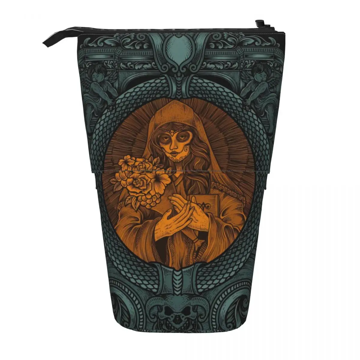 Mulher De Açúcar Crânio Com Gravura Ornamento Quadro Pen Box Estudante Escola Zipper Pen Bag Pencase Vertical Retrátil Lápis Caso