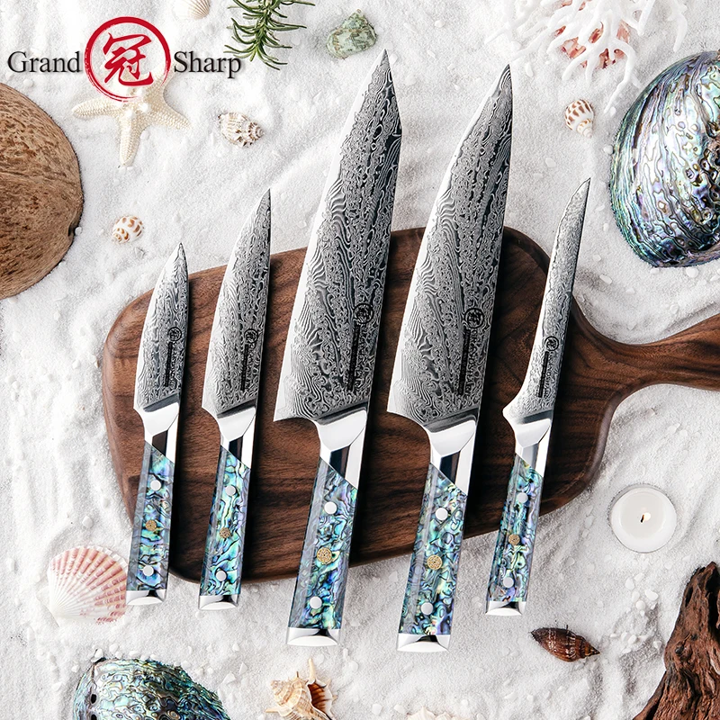 Grandsharp 1-5Pcs Damascus Steel Kitchen Knive Set AUS10 Chef Knife Kiritsuke Boning Utility Paring Knife Abalone Shell Handle