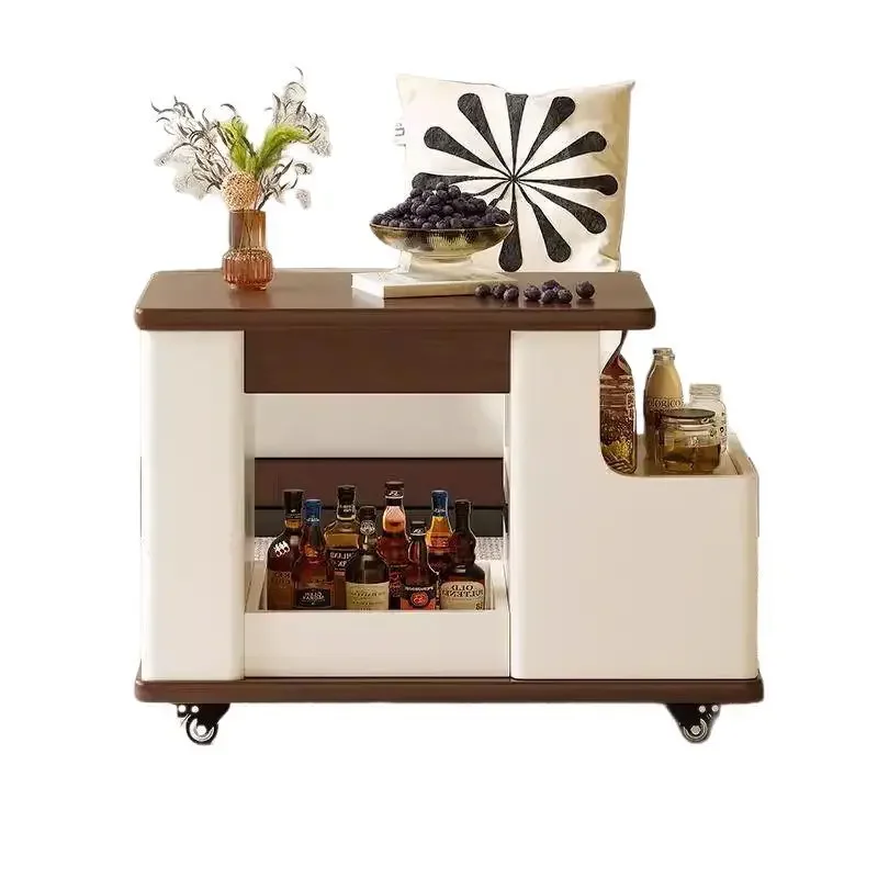 Movable solid wood edge tea table, creative liftable cart tea table