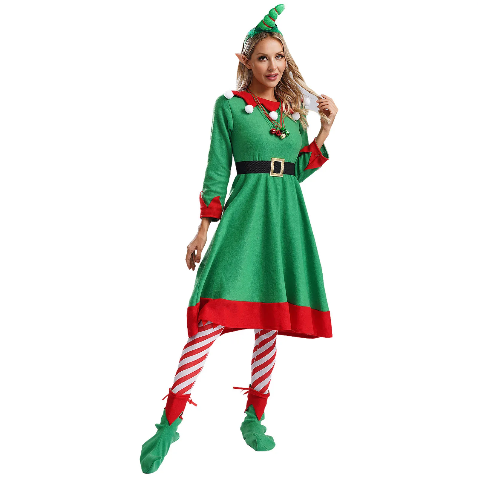 Women Christmas Elf Costume Santa Helper Costume Set Velvet Dress with Hair Hoop Elf Ears Shoes Belt Stockings Bells Costume