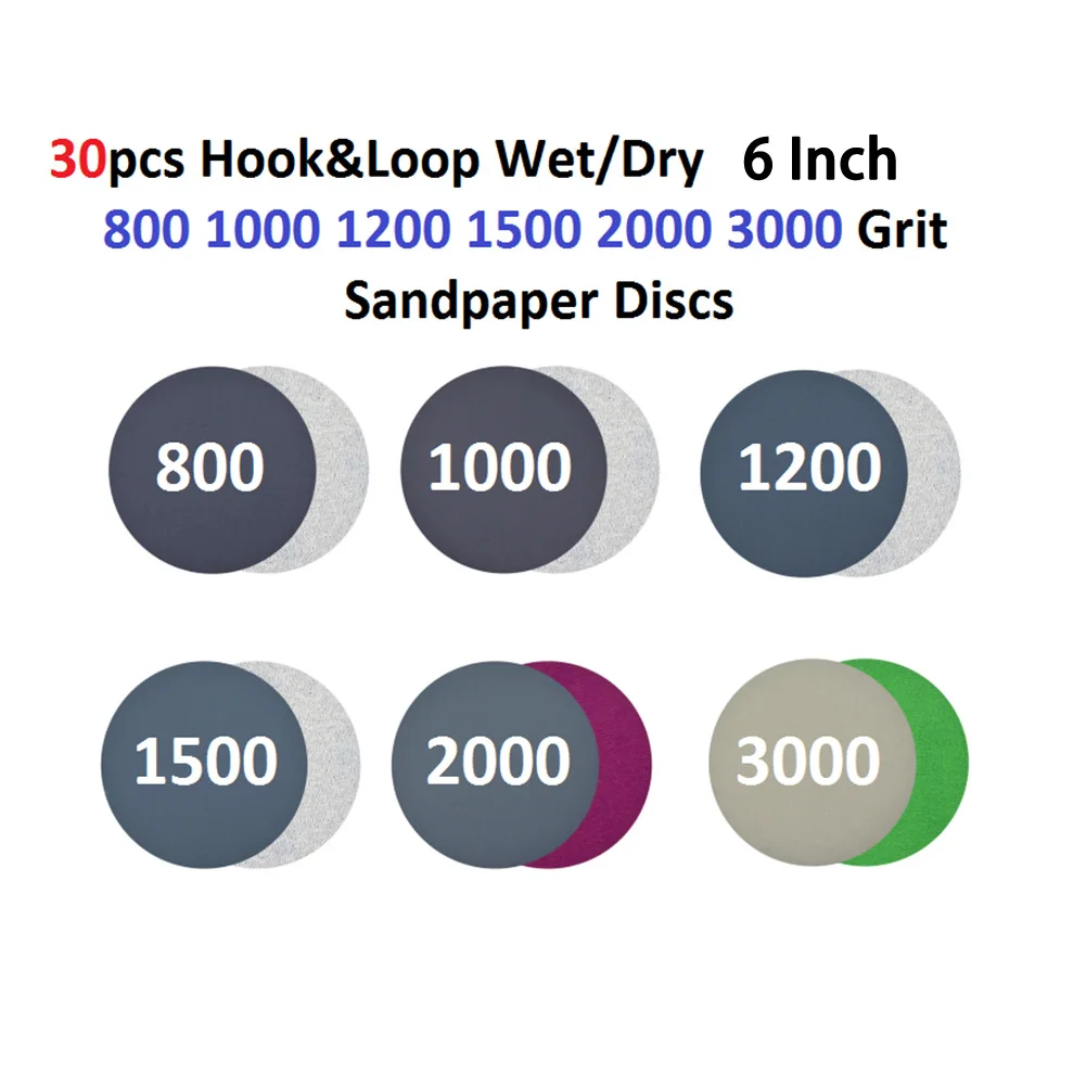 30 sztuk 150mm H-ook & Loop papier ścierny na mokro/na sucho zestaw tarcz szlifierskich 800-3000 ziarno szlifowanie/polerowanie papier ścierny akcesoria do elektronarzędzi